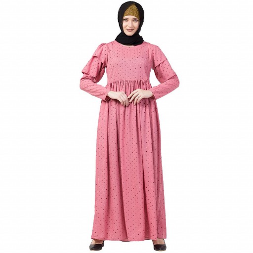 Polka dotted maxi dress abaya- Puce Pink